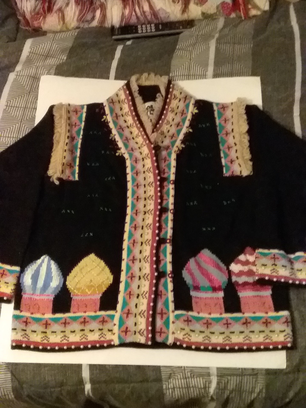 Storybook Knits St. Basil Colorful Embroidered Black Cardigan Jacket Sz M